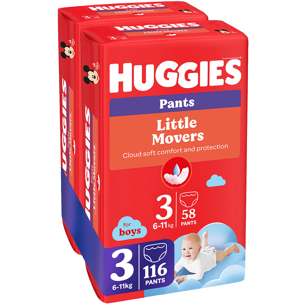 Scutece chilotel HUGGIES Little Movers Mega nr 3, Baiat, 6-11 kg, 116 buc