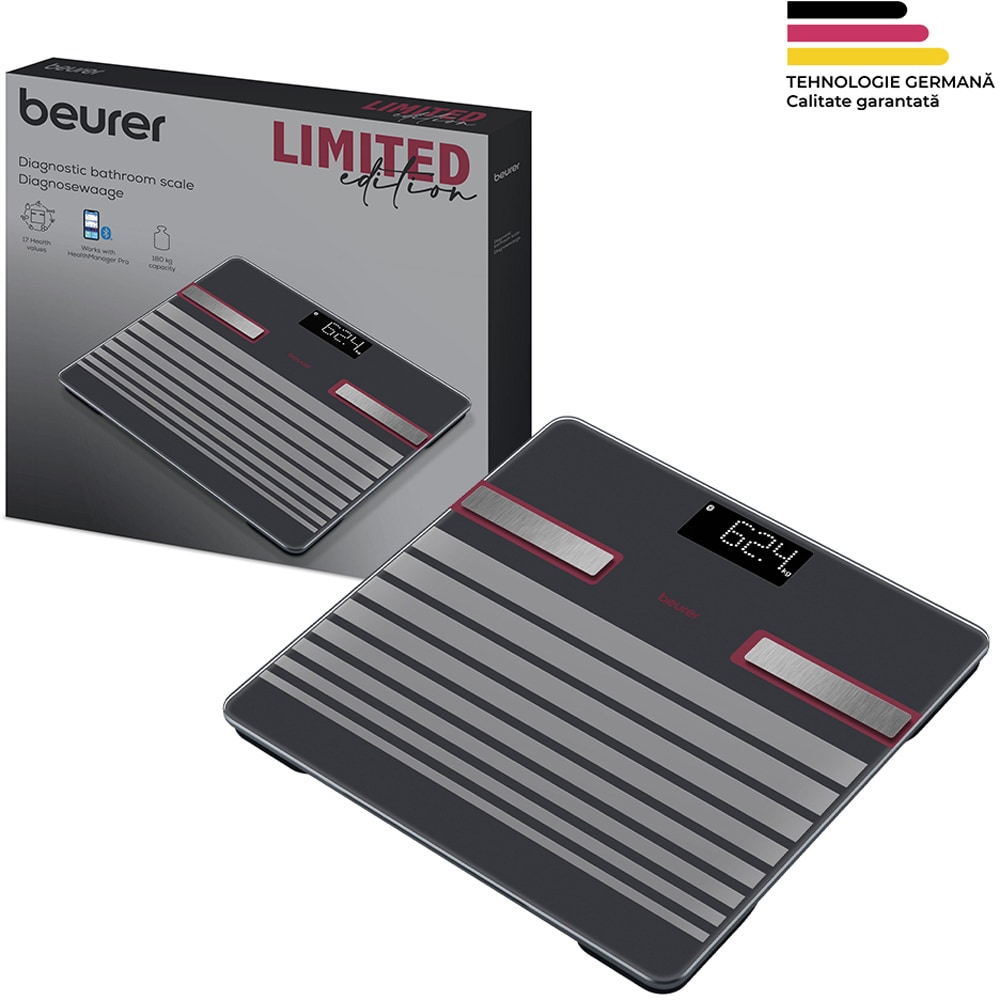 Cantar corporal BEURER BF451, 180Kg, electronic, sticla, negru