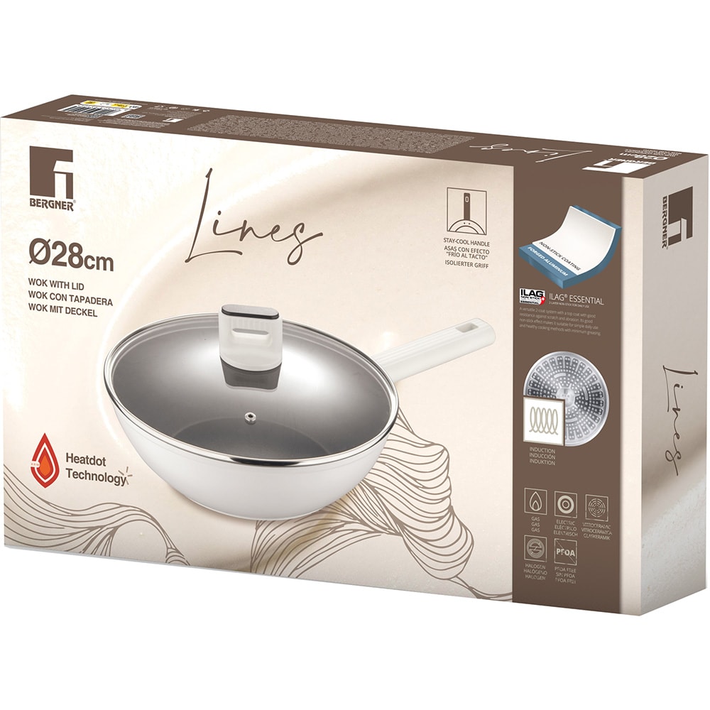 Tigaie wok BERGNER Lines BG-57098-GY, 28cm, aluminiu, alb