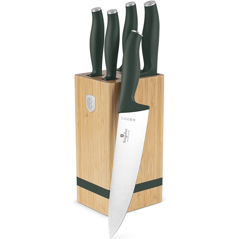 Set cutite BERLINGER HAUS BH/2751 + suport bambus, 5 piese, otel, 9-20cm, verde