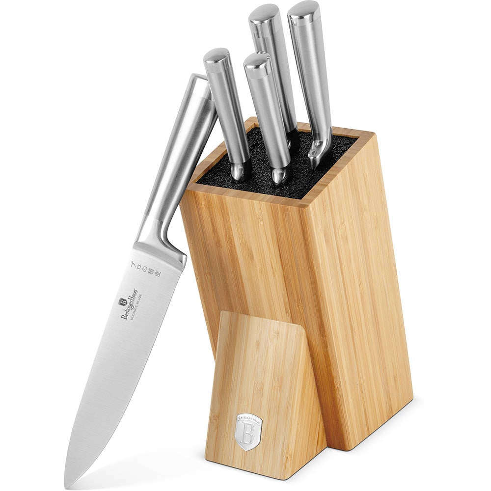Set cutite BERLINGER HAUS BH/2805 + suport bambus, 5 piese, otel, 9-20cm, argintiu