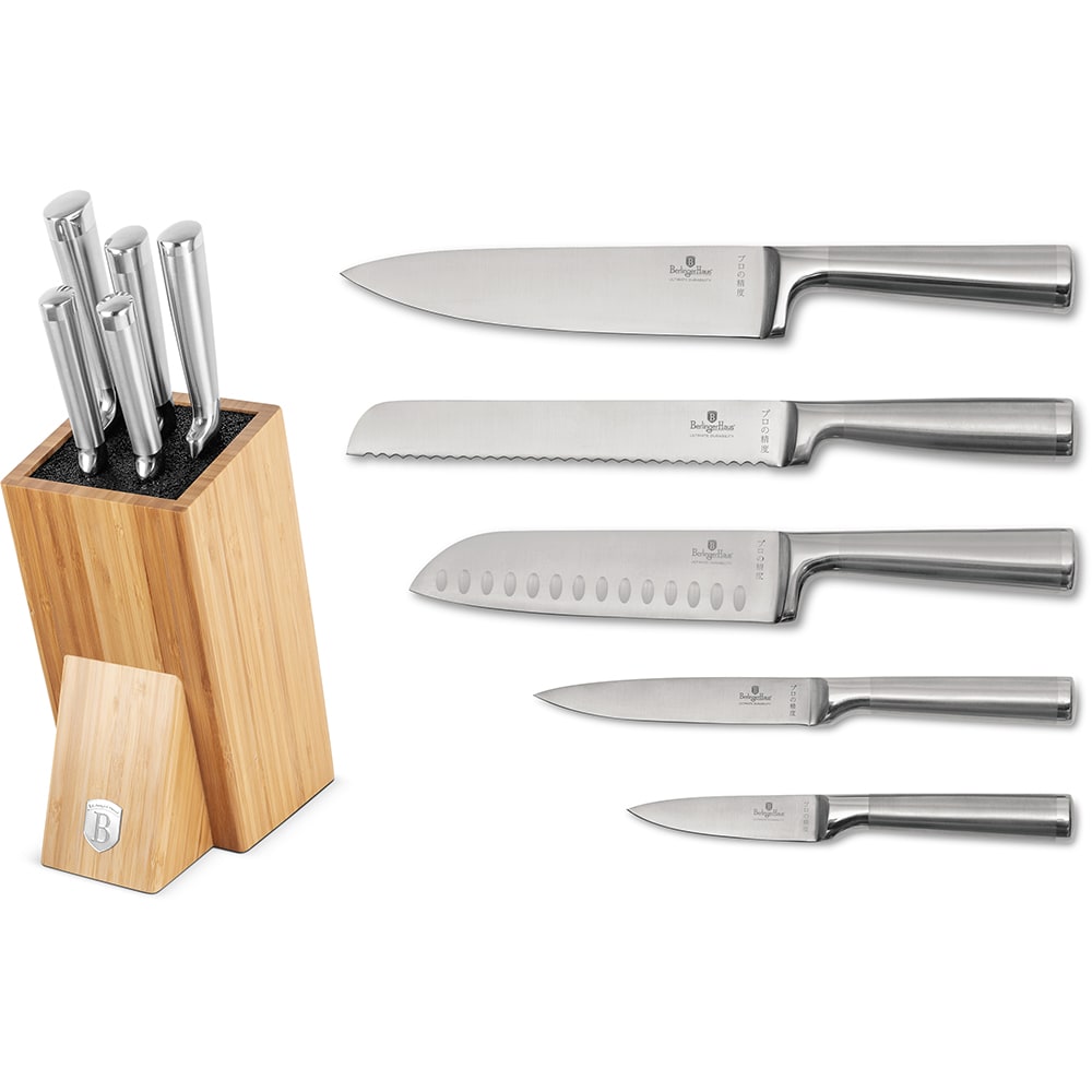 Set cutite BERLINGER HAUS BH/2805 + suport bambus, 5 piese, otel, 9-20cm, argintiu