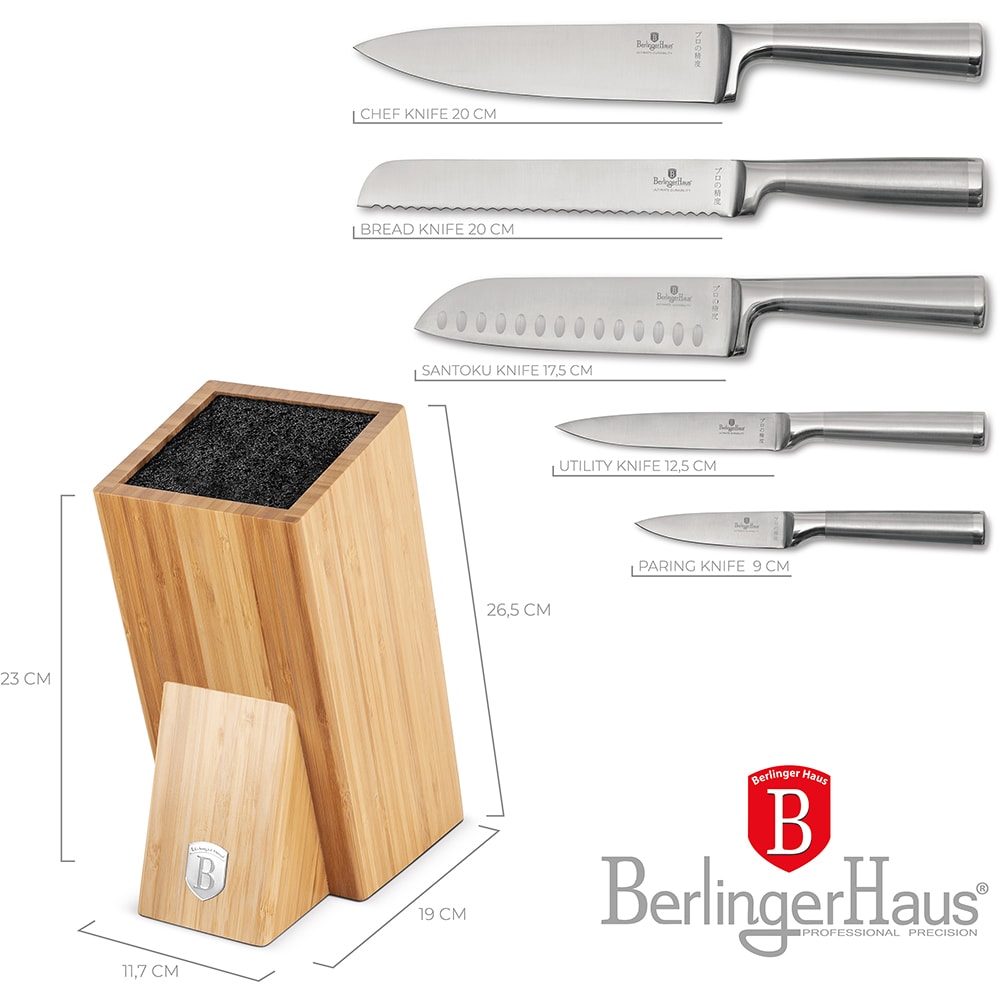 Set cutite BERLINGER HAUS BH/2805 + suport bambus, 5 piese, otel, 9-20cm, argintiu