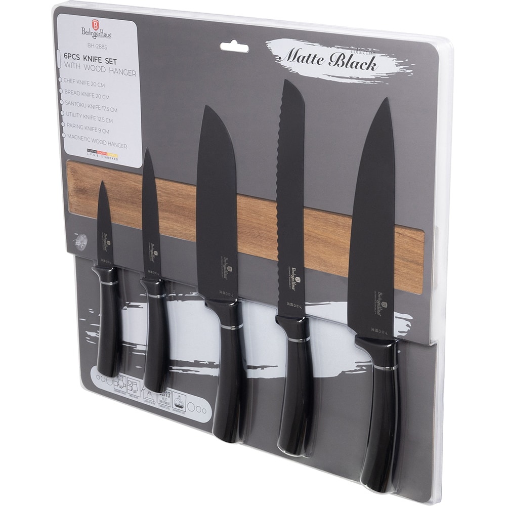 Set cutite BERLINGER BH/2885 + suport magnetic, 5 piese, otel, 9-20, negru
