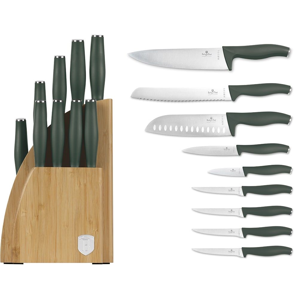 Set cutite BERLINGER HAUS BH/3123 + suport bambus, 9 piese, otel, 9-20cm, verde