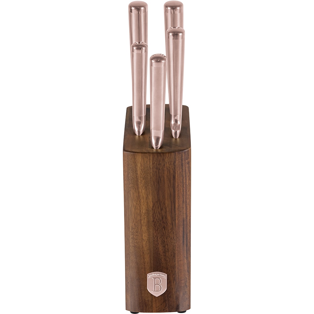 Set cutite BERLINGER HAUS BH/3126 + suport lemn, 5 piese, otel, 9-20cm, rose gold