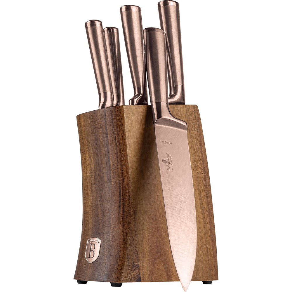 Set cutite BERLINGER HAUS BH/3126 + suport lemn, 5 piese, otel, 9-20cm, rose gold