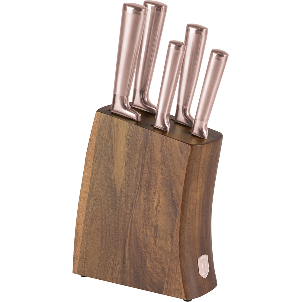 Set cutite BERLINGER HAUS BH/3126 + suport lemn, 5 piese, otel, 9-20cm, rose gold