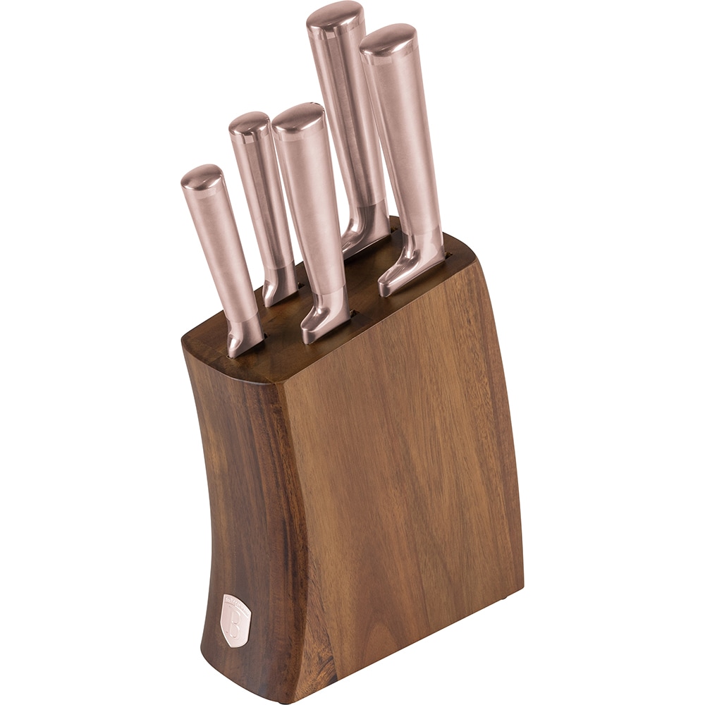 Set cutite BERLINGER HAUS BH/3126 + suport lemn, 5 piese, otel, 9-20cm, rose gold