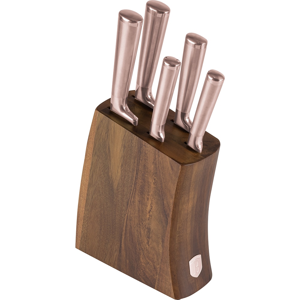 Set cutite BERLINGER HAUS BH/3126 + suport lemn, 5 piese, otel, 9-20cm, rose gold