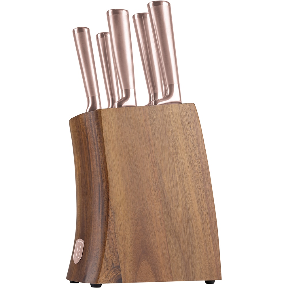 Set cutite BERLINGER HAUS BH/3126 + suport lemn, 5 piese, otel, 9-20cm, rose gold