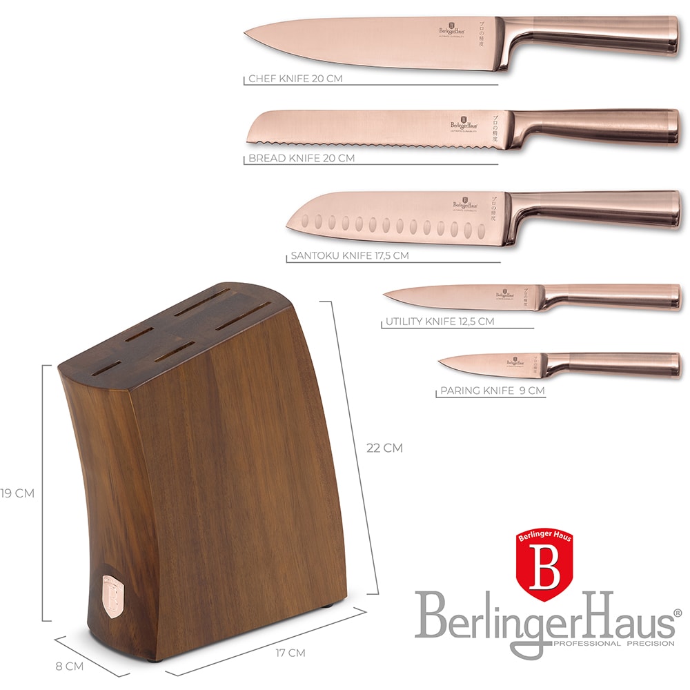 Set cutite BERLINGER HAUS BH/3126 + suport lemn, 5 piese, otel, 9-20cm, rose gold
