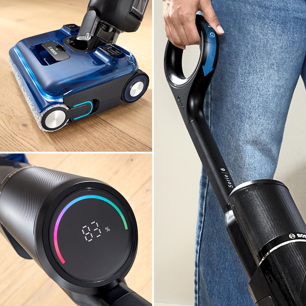 Aspirator vertical cu spalare BOSCH OneFlow Seria 6 BHF61BX, 0.72l, autonomie max 40 min, bleumarin-negru
