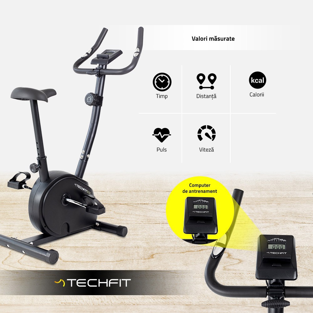 Bicicleta fitness TECHFIT B250N, volanta 4.5 kg, greutate suportata 110 kg, negru