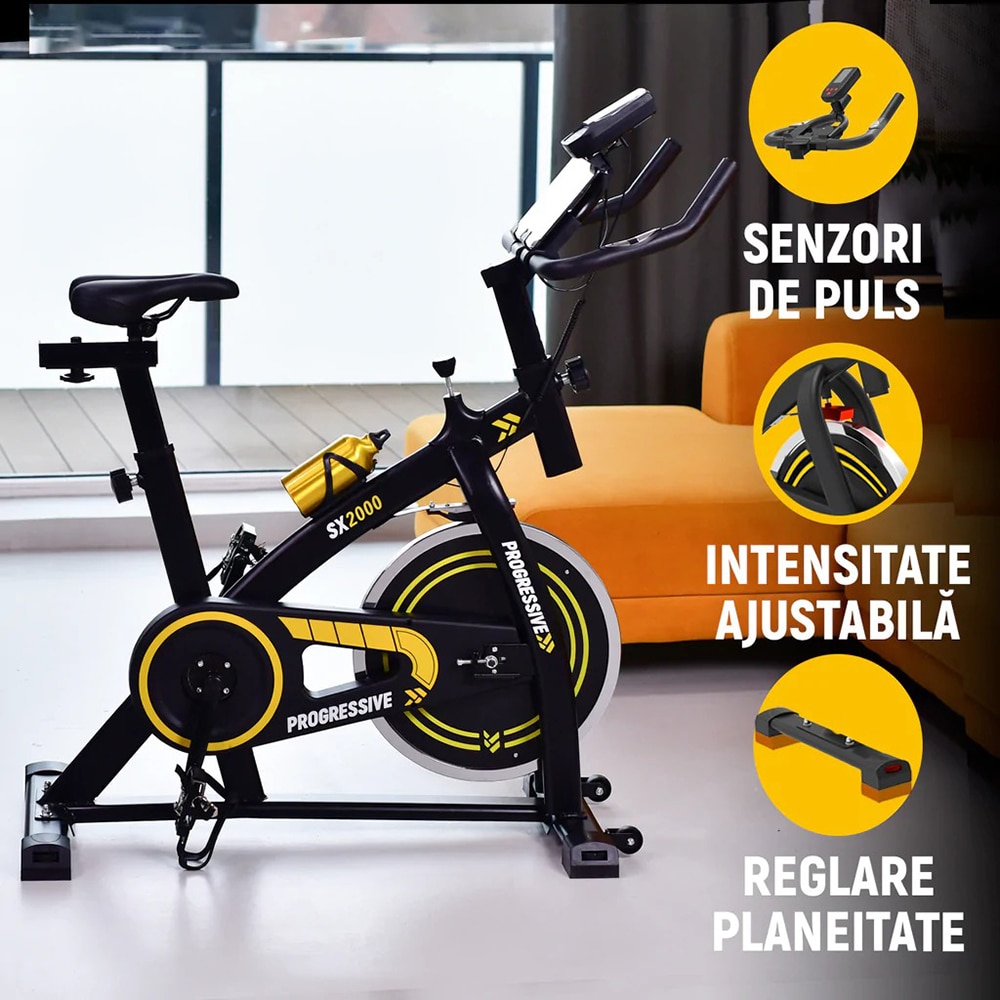 Bicicleta spinning PROGRESSIVE SX2000, volanta 15 kg, greutate suportata 120 kg, negru