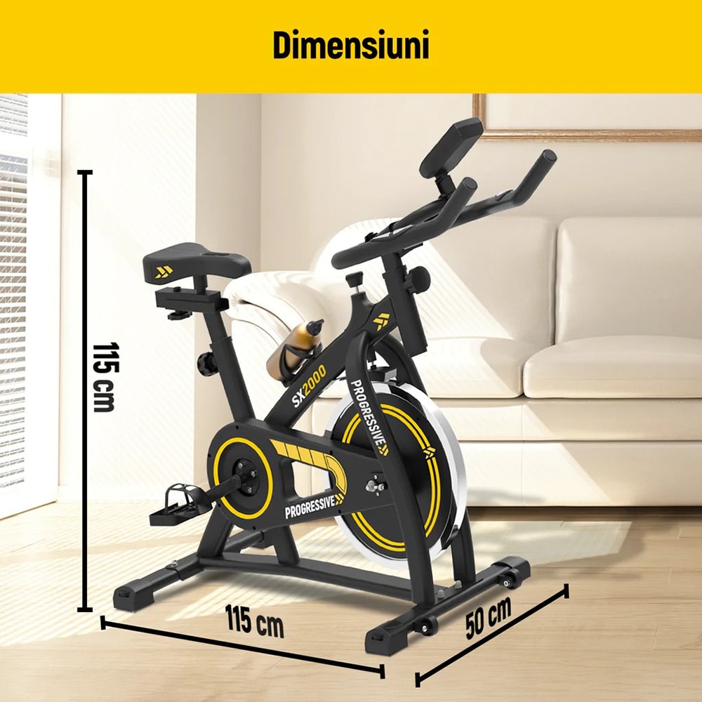 Bicicleta spinning PROGRESSIVE SX2000, volanta 15 kg, greutate suportata 120 kg, negru