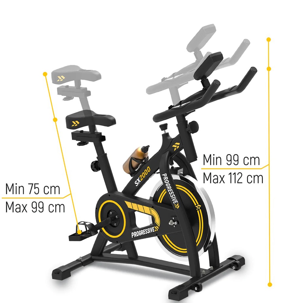Bicicleta spinning PROGRESSIVE SX2000, volanta 15 kg, greutate suportata 120 kg, negru