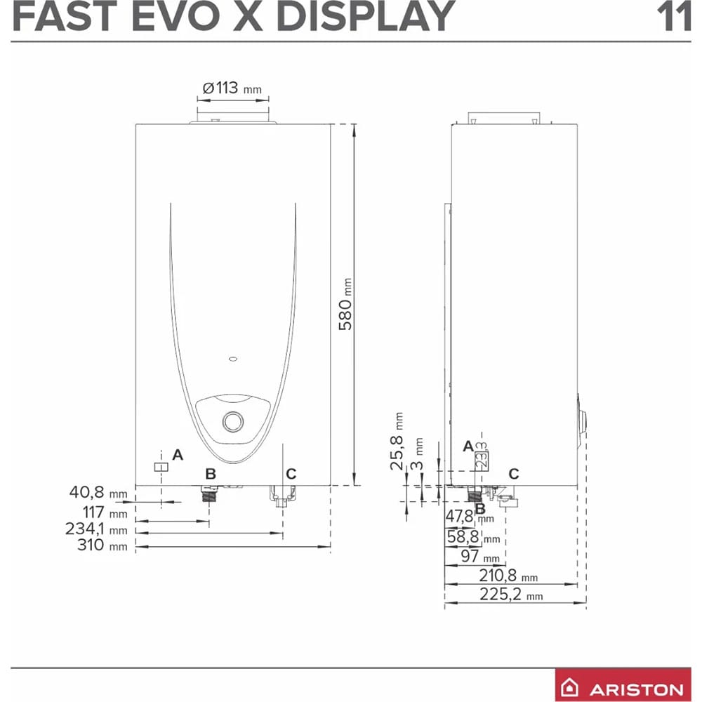 Instant apa calda pe gaz ARISTON FAST EVO X DISPLAY ONT 11 NG EU, gaz natural, 11l/min, 2150W, NTC, Senzor siguranta, alb