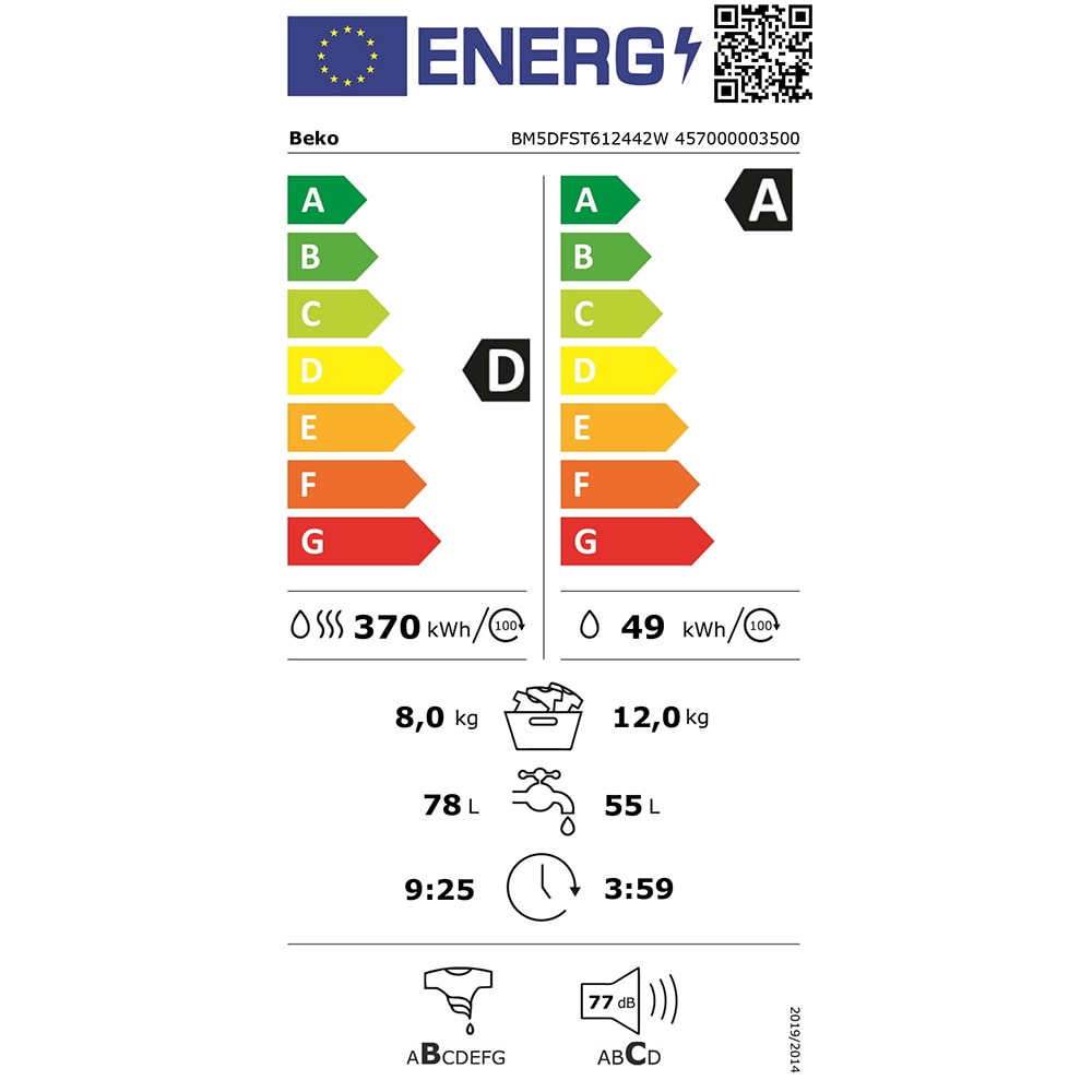 Masina de spalat rufe frontala cu uscator BEKO BM5DFST612442W, SteamCure, 12/8 kg, 1400rpm, Clasa A/D, alb
