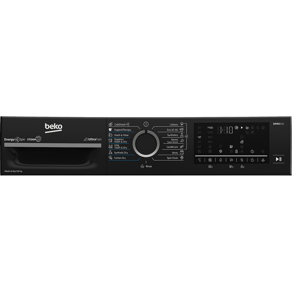 Masina de spalat rufe frontala cu uscator BEKO BM5DFT49442PB, SteamCure, 9/6 kg, 1400 rpm, Clasa A/D, negru