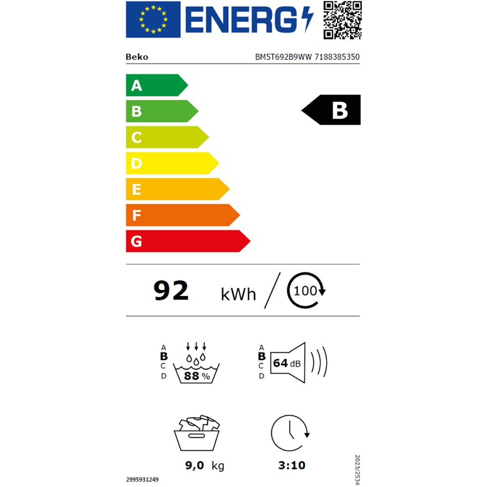 Uscator de rufe BEKO BM5T692B9WW, HomeWhiz, Pompa de caldura, 9 kg, 15 programe, Clasa B, alb