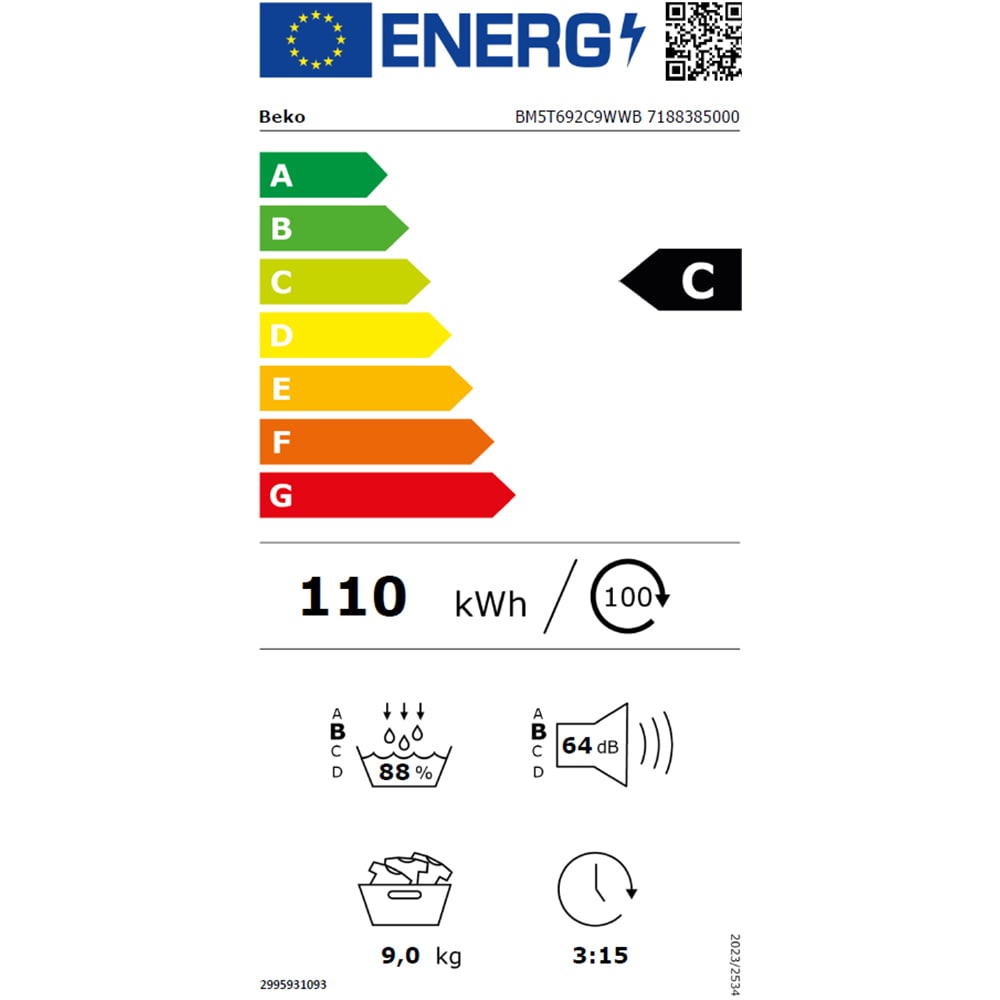 Uscator de rufe BEKO BM5T692C9WWB, HomeWhiz, Pompa de caldura, 9 kg, 15 programe, Clasa C, alb