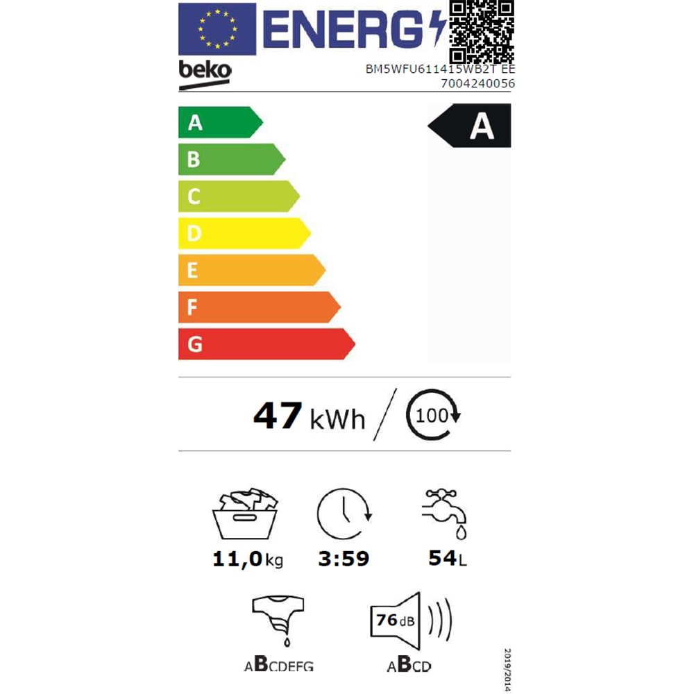Masina de spalat rufe frontala BEKO BM5WFU611415WB2T EE, EnergySpin, SteamCure, 11 kg, 1400rpm, Clasa A, Wi-Fi, alb