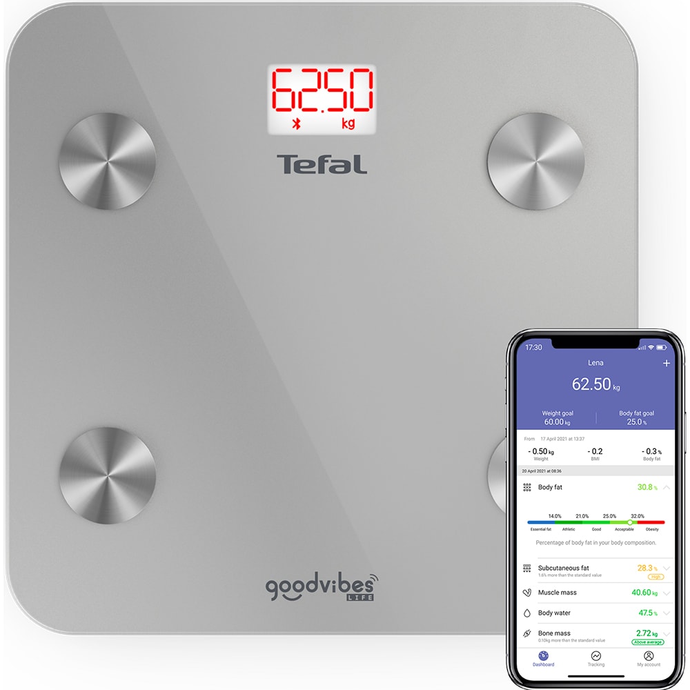 Cantar corporal TEFAL GoodVibes Life BM9600S1, 180kg, Bluetooth, sticla, argintiu
