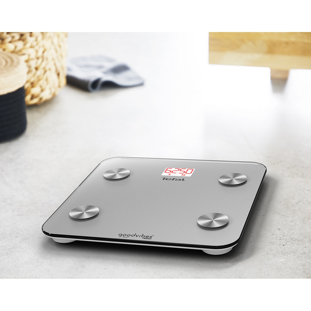 Cantar corporal TEFAL GoodVibes Life BM9600S1, 180kg, Bluetooth, sticla, argintiu