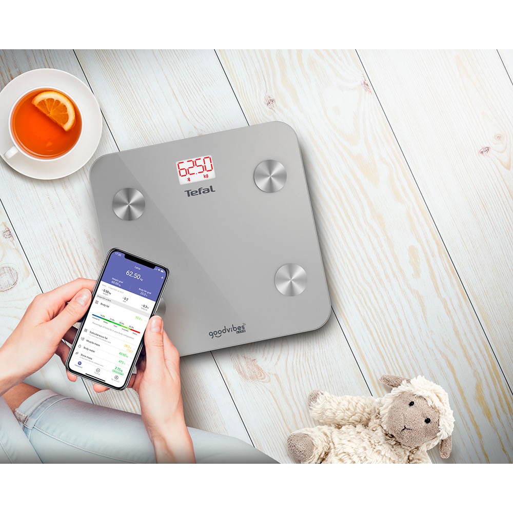 Cantar corporal TEFAL GoodVibes Life BM9600S1, 180kg, Bluetooth, sticla, argintiu