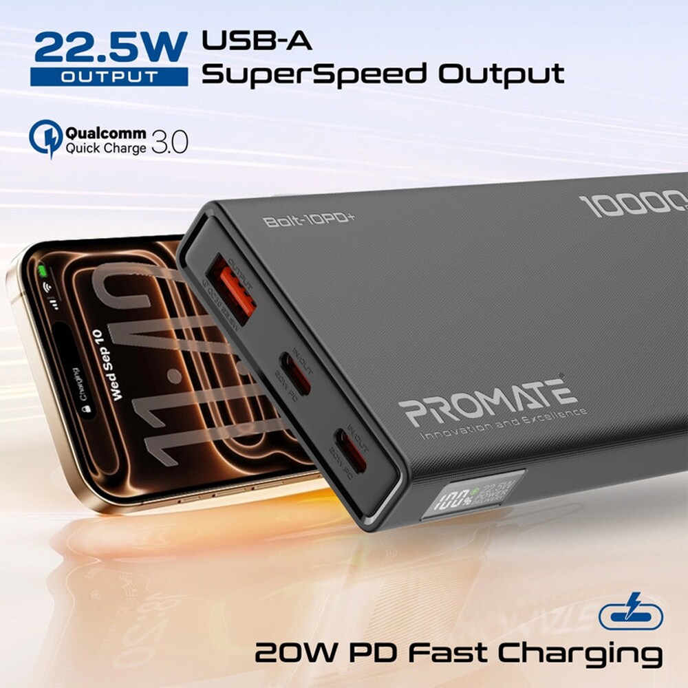 Baterie externa PROMATE Bolt-10PD+, 10000mAh, 2x USB-C, 1x USB-A, negru