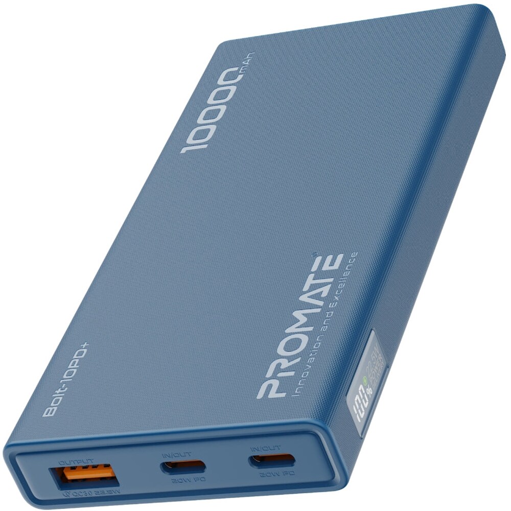 Baterie externa PROMATE Bolt-10PD+, 10000mAh, 2x USB-C, 1x USB-A, albastru