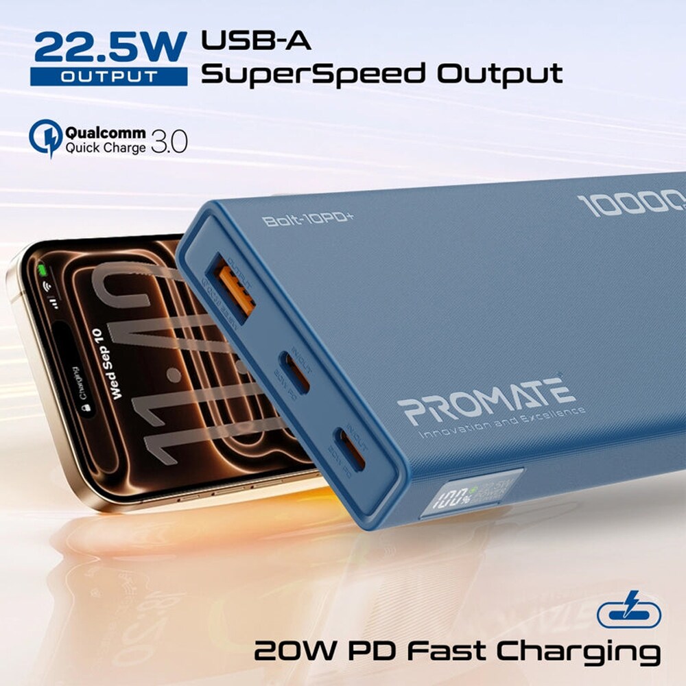 Baterie externa PROMATE Bolt-10PD+, 10000mAh, 2x USB-C, 1x USB-A, albastru