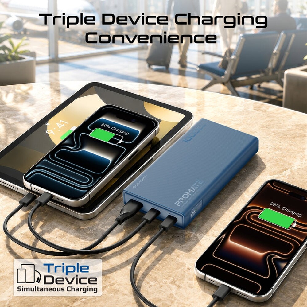 Baterie externa PROMATE Bolt-10PD+, 10000mAh, 2x USB-C, 1x USB-A, albastru