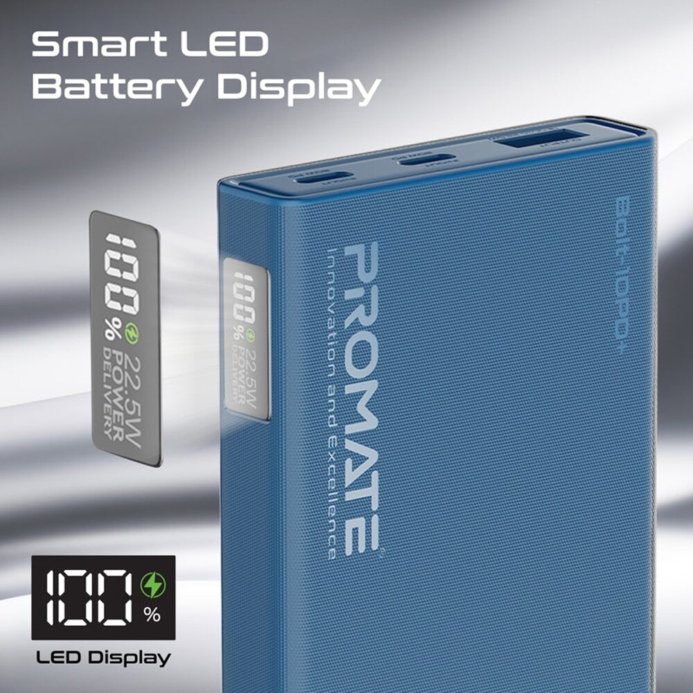 Baterie externa PROMATE Bolt-10PD+, 10000mAh, 2x USB-C, 1x USB-A, albastru