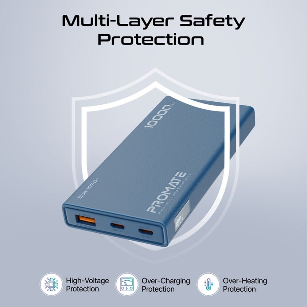 Baterie externa PROMATE Bolt-10PD+, 10000mAh, 2x USB-C, 1x USB-A, albastru