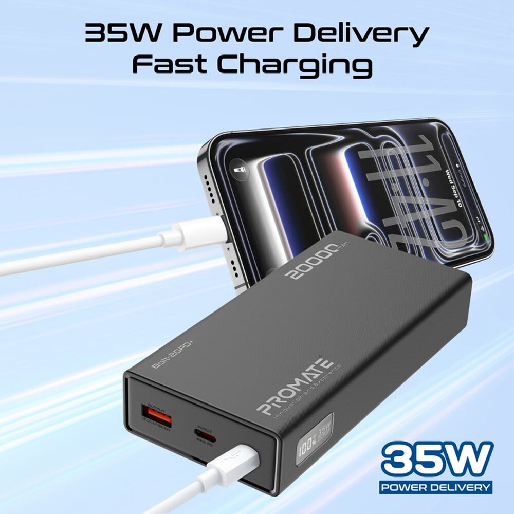 Baterie externa PROMATE Bolt-20PD+, 20000mAh, 2x USB-C, 1x USB-A, negru