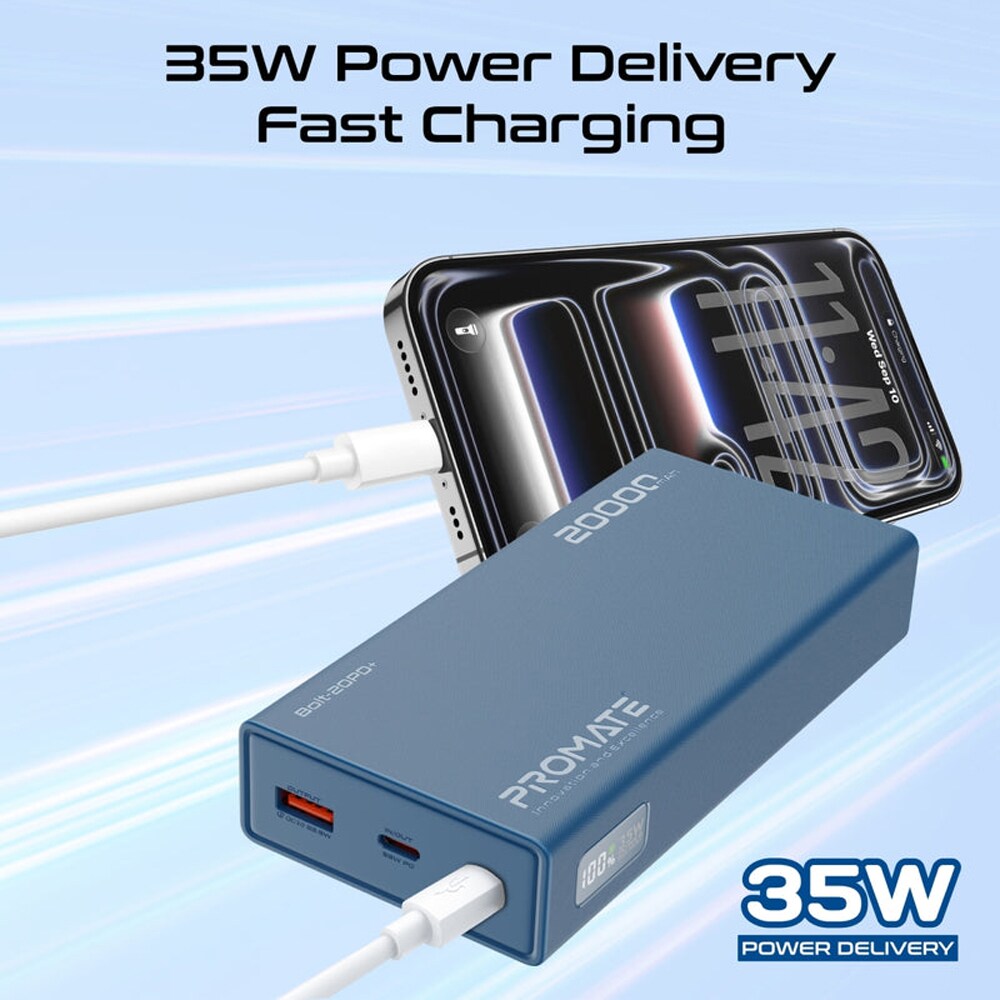 Baterie externa PROMATE Bolt-20PD+, 20000mAh, 2x USB-C, 1x USB-A, albastru