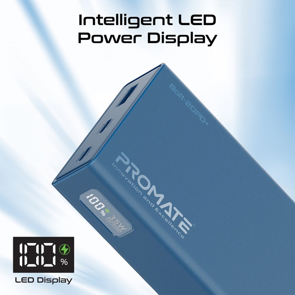 Baterie externa PROMATE Bolt-20PD+, 20000mAh, 2x USB-C, 1x USB-A, albastru