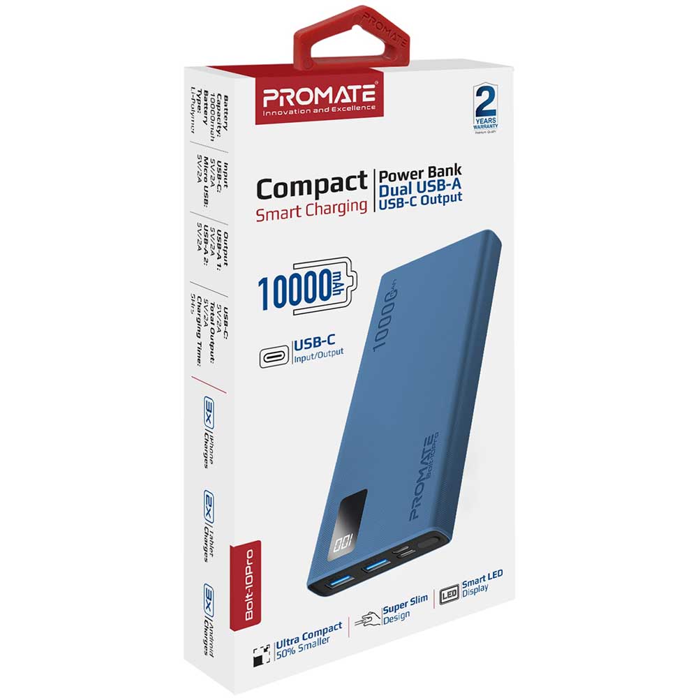 Baterie externa PROMATE Bolt-10Pro, 10000mAh, 2x USB-A, 1x USB-C, albastru