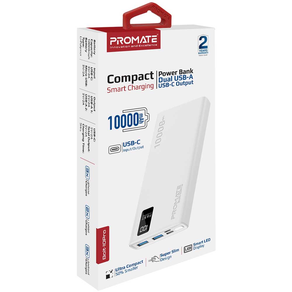 Baterie externa PROMATE Bolt-10Pro, 10000mAh, 2x USB-A, 1x USB-C, alb