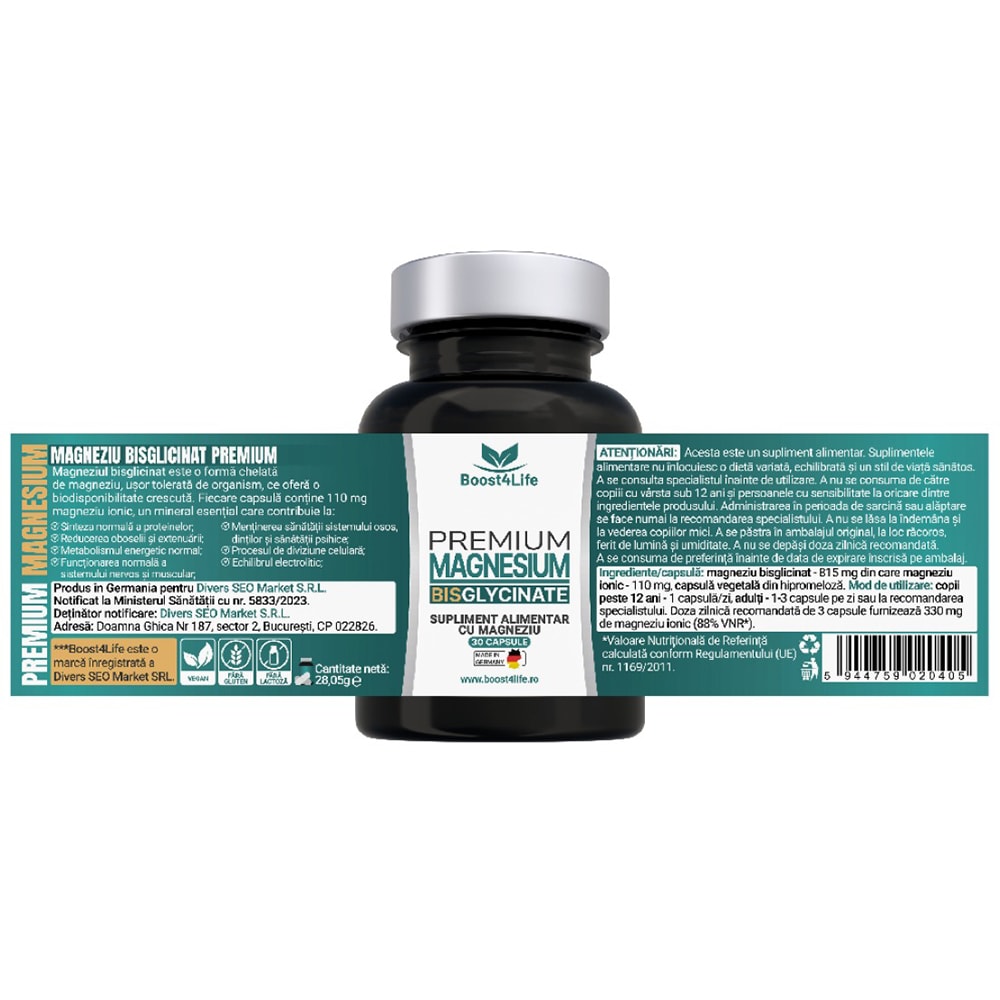 Supliment Magneziu Bisglicinat Premium 815 mg, 30 capsule, BOOST4LIFE