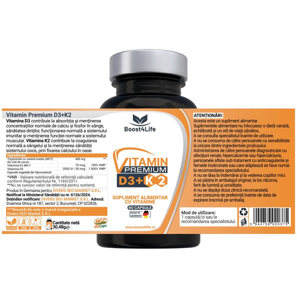 Supliment Vitamina D3 + K2 Premium, 60 capsule, BOOST4LIFE