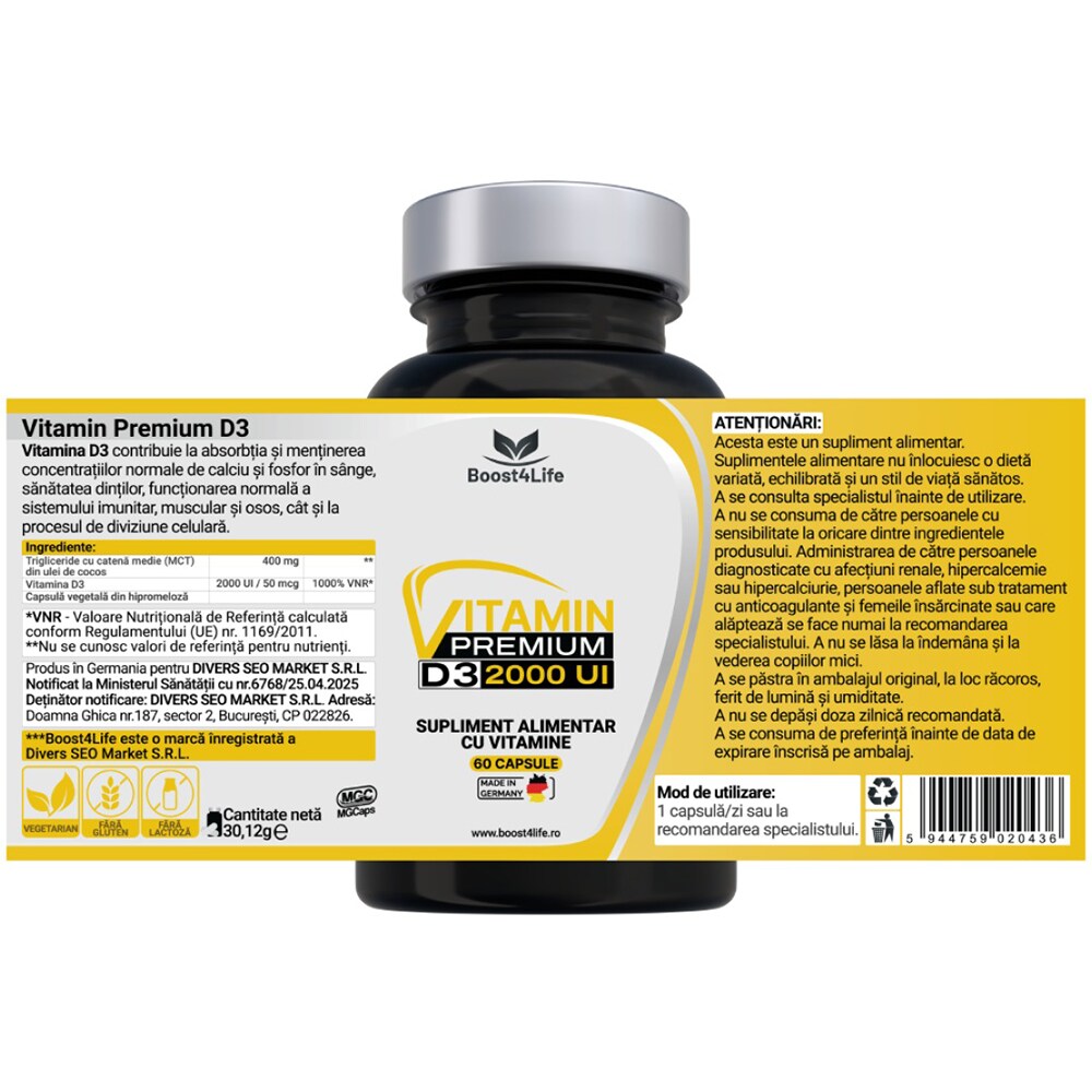 Supliment Vitamina D3 Premium 2000 UI, 60 capsule, BOOST4LIFE