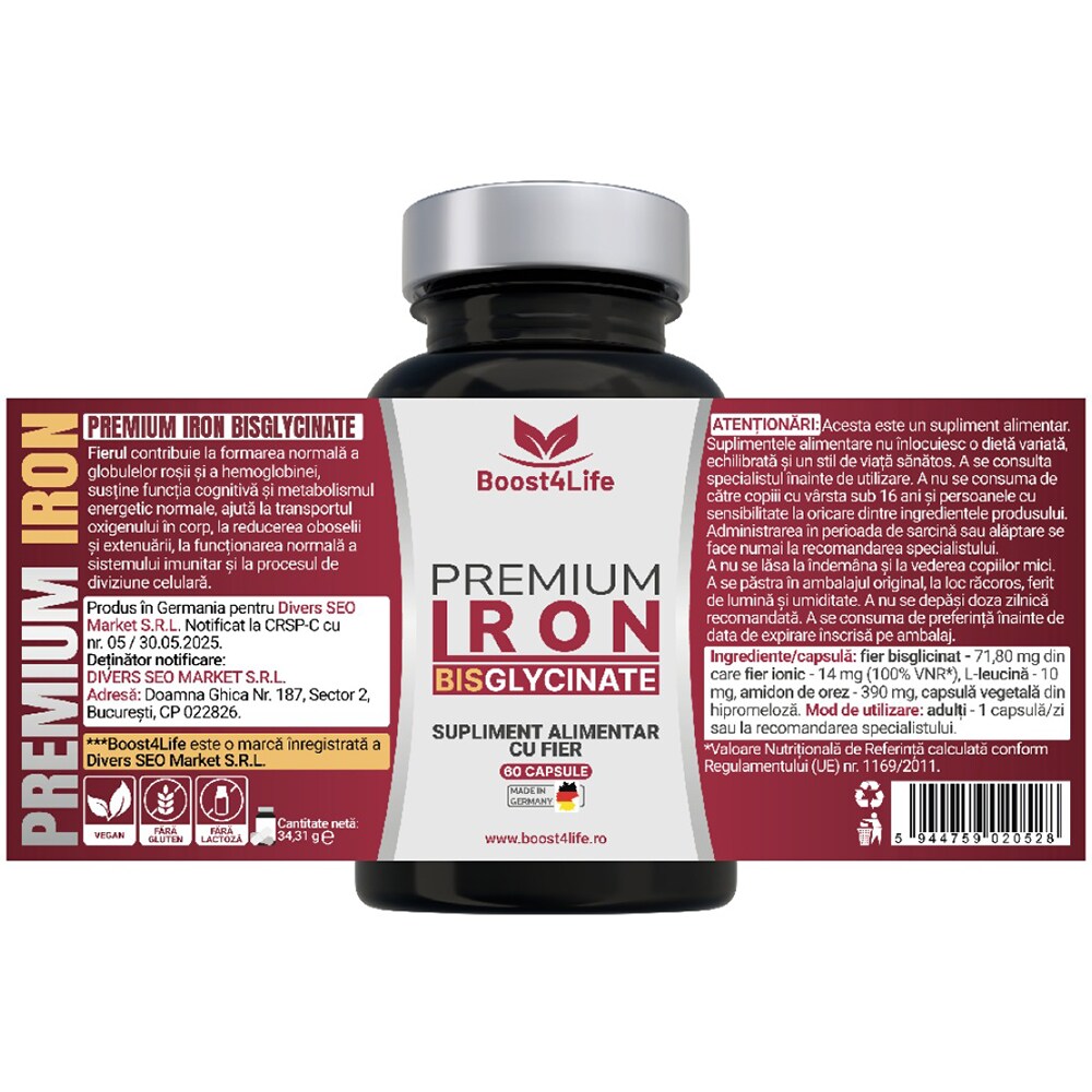 Supliment Fier Bisglicinat Premium 71.8 mg, 60 capsule, BOOST4LIFE