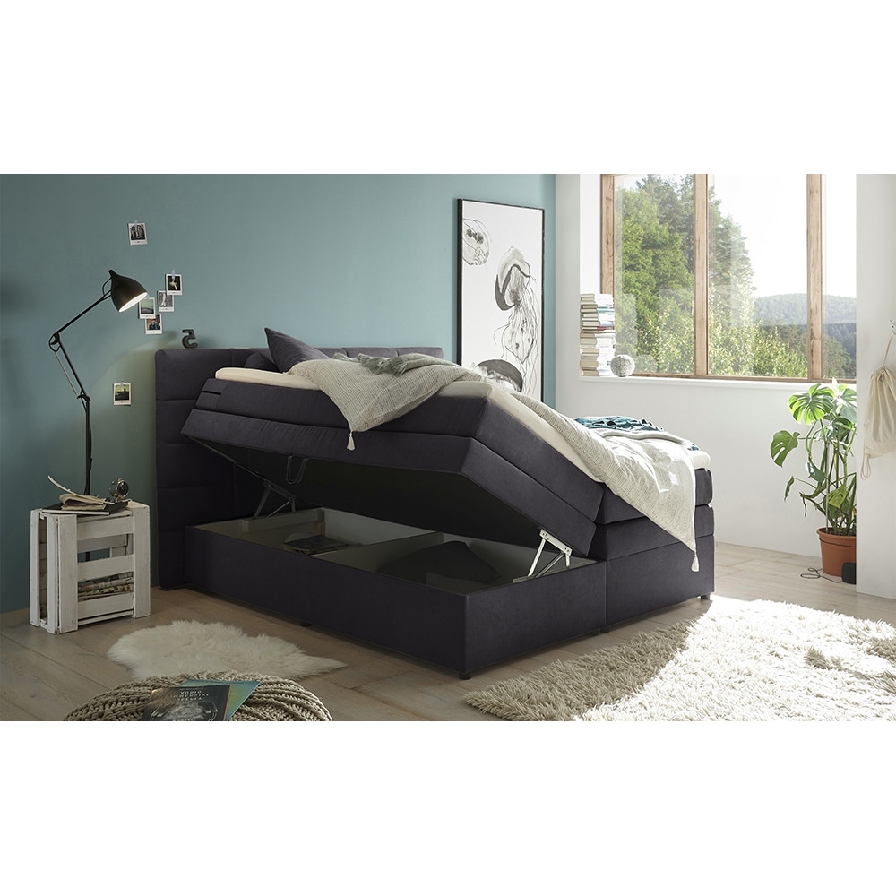 Pat tapitat Gibson, saltea, lada depozitare, 140 x 200 cm, gri inchis