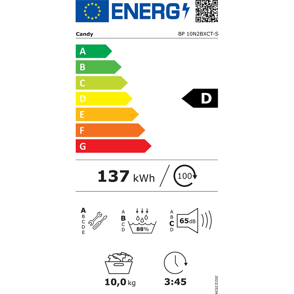 Uscator de rufe CANDY BP 10N2BXCT-S, Pompa de caldura, 10 kg, 16 programe, Clasa D, Wi-Fi, alb