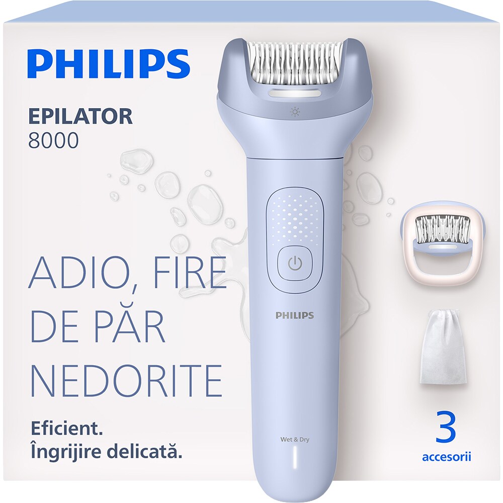 Epilator PHILIPS Seria 8000 BRE708/00, 32 pensete, 2 viteze, 3 accesorii, acumulator, mov