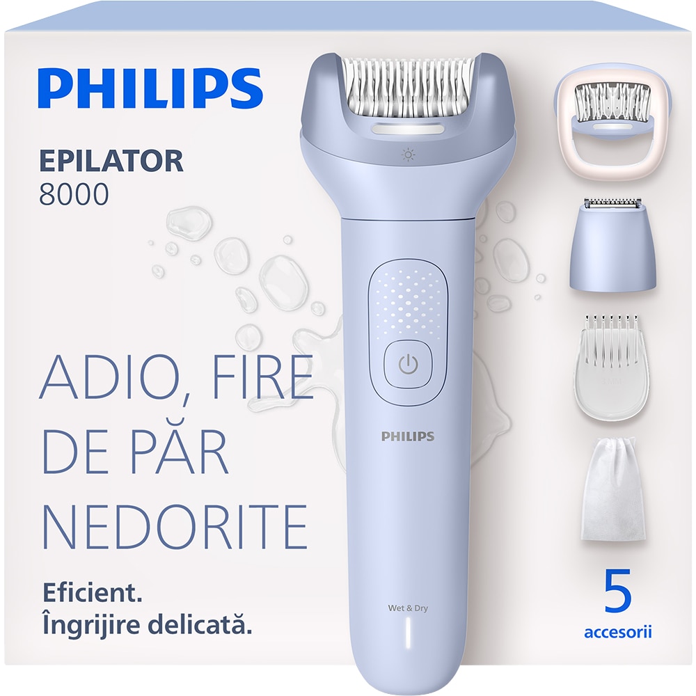 Epilator PHILIPS Series 8000 BRE711/00, 32 pensete, 2 viteze, 5 accesorii, acumulator, mov