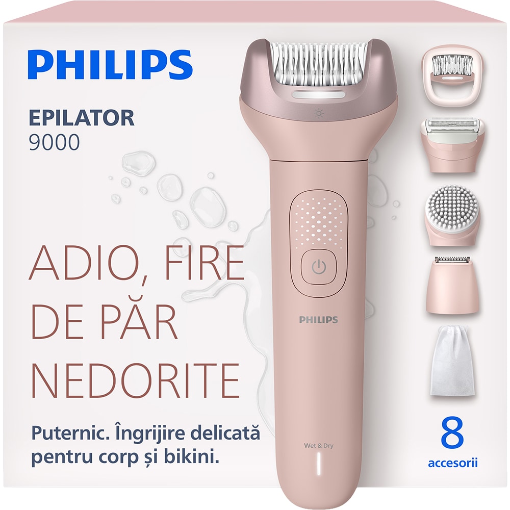 Epilator PHILIPS Series 9000 BRE719/00, 32 pensete, 2 viteze, 8 accesorii, acumulator, roz